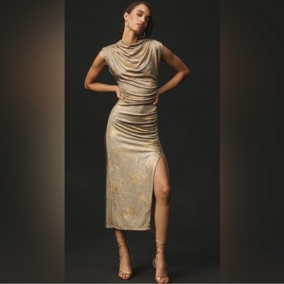 By Anthropologie Maya Ruched Cowl Neck Midi Dress Shine Edition Gold Small New - Picture 1 of 13
